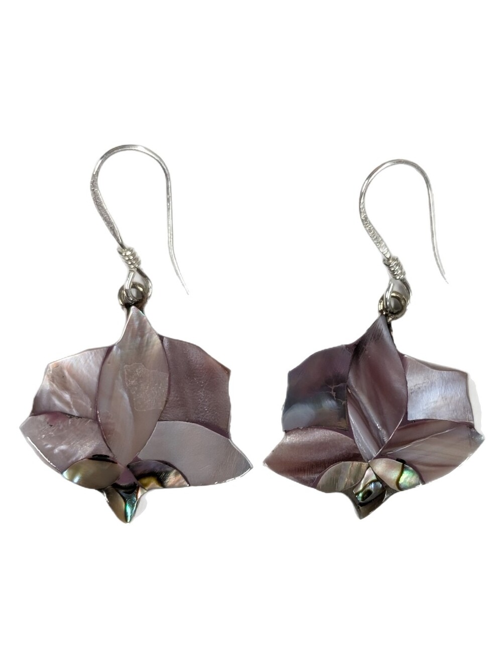 Vintage Alpaca Mexico Mother-of-Pearl Abalone Lotus Flower Drop Earrings